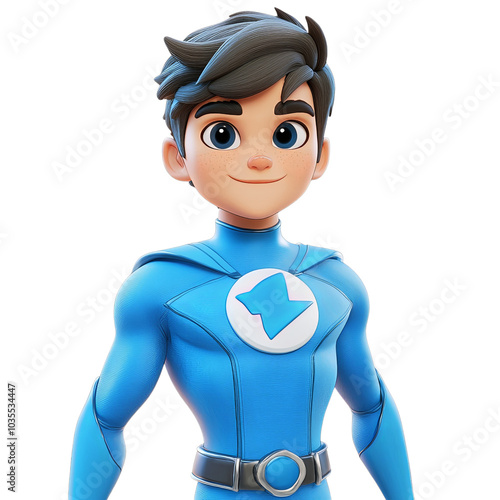 Dynamic Cartoon Hero with Bright Blue Suit Isolated on Transparent Background