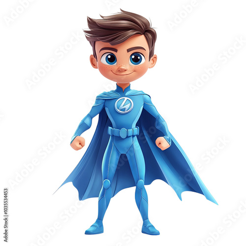 Superhero Boy in Blue Costume with Cape and Smile Isolated on Transparent Background