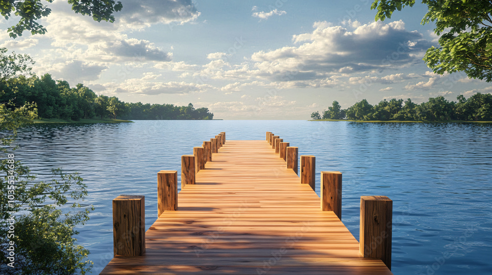 Obraz premium A charming wooden pier extending into a lake, perfect for a summer evening.