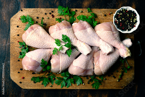 Uncooked Chicken Legs with Aromatic Herbs on a Wooden Cutting Surface photo