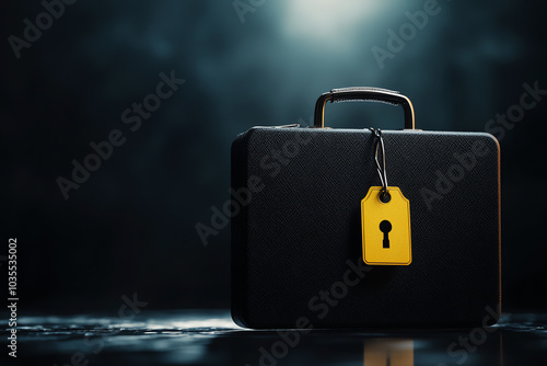 Tiny briefcase with locked assets, miniature security tag attached, 3D illustration photo