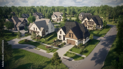 Real Estate - Aerial view of suburban homes with landscaped gardens and winding roads.