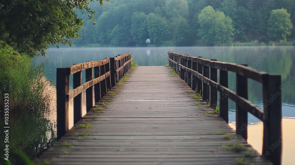 Fototapeta premium A charming wooden pier extending into a lake, perfect for a summer evening.
