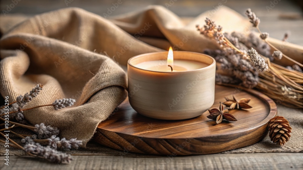 A rustic wooden tray with a burning candle, surrounded by dried lavender sprigs and star anise, rests atop a soft burlap cloth. A rustic wooden tray with a burning candle, surrounded by dried lavender sprigs and star anise, rests atop a soft burlap cloth.