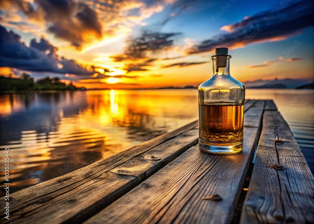 Serene Whiskey Bottle by the Sea at Dusk - Captivating Low Light Photography Serene Whiskey Bottle by the Sea at Dusk - Captivating Low Light Photography