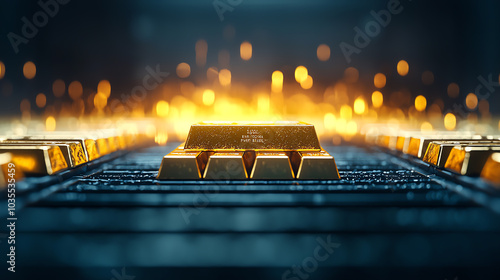 Miniature gold bars under digital security protection, assets in a safe vault, 3D illustration photo