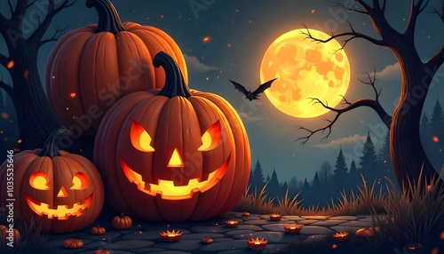 Spooky Halloween Night | Three glowing jack-o'-lanterns sit beneath a harvest moon in a spooky forest. Bats fly, and small glowing pumpkins light a cobblestone path. Perfect for Halloween projects! 