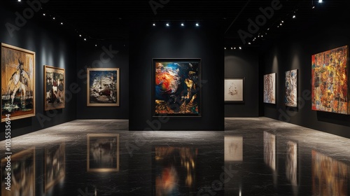 A dramatic home gallery with dark walls showcasing an impressive art collection under spotlighting. A polished marble floor reflects the curated ambiance