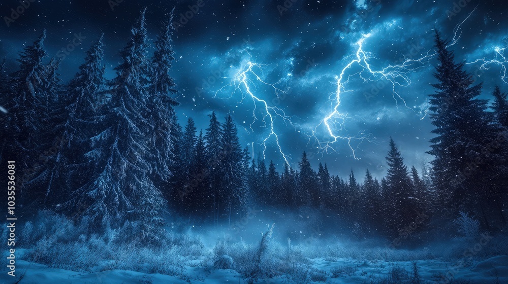 Lightning storm in a winter forest at night. Lightning storm in a winter forest at night.