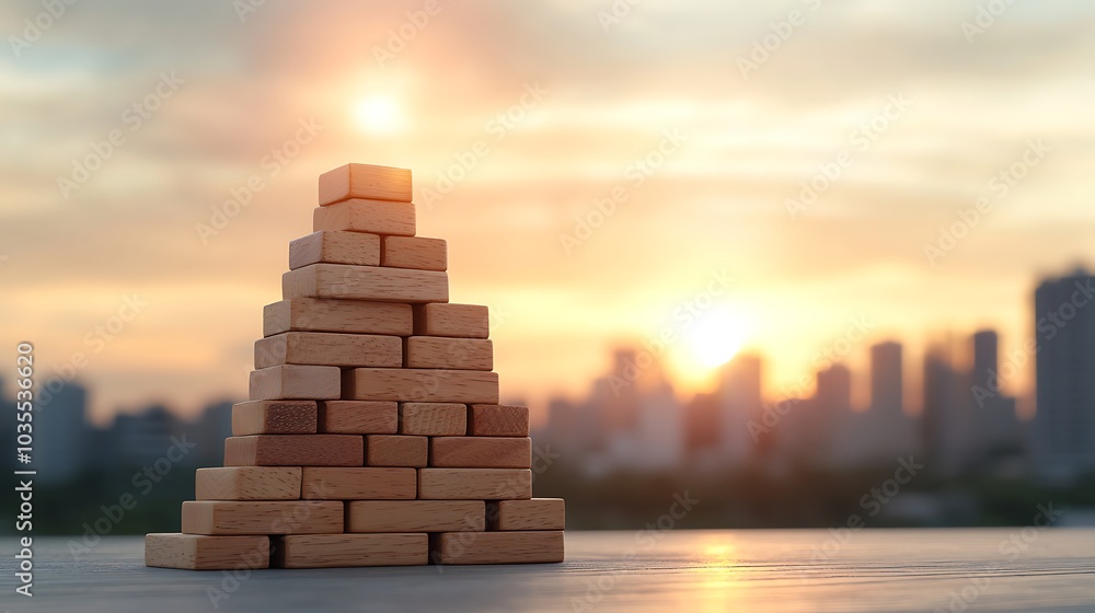 Building resilience the symbolic representation of growth and success through stacked blocks against a sunset backdrop