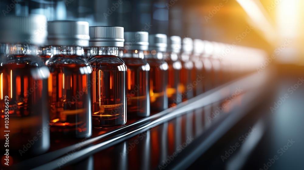 Glass bottles filled with amber liquid, arranged on a production line, illuminated by warm sunlight. Glass bottles filled with amber liquid, arranged on a production line, illuminated by warm sunlight.