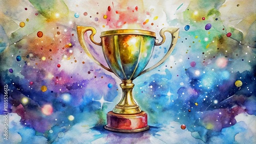 Colorful watercolor painting of a trophy surrounded by vibrant cosmic elements and stars