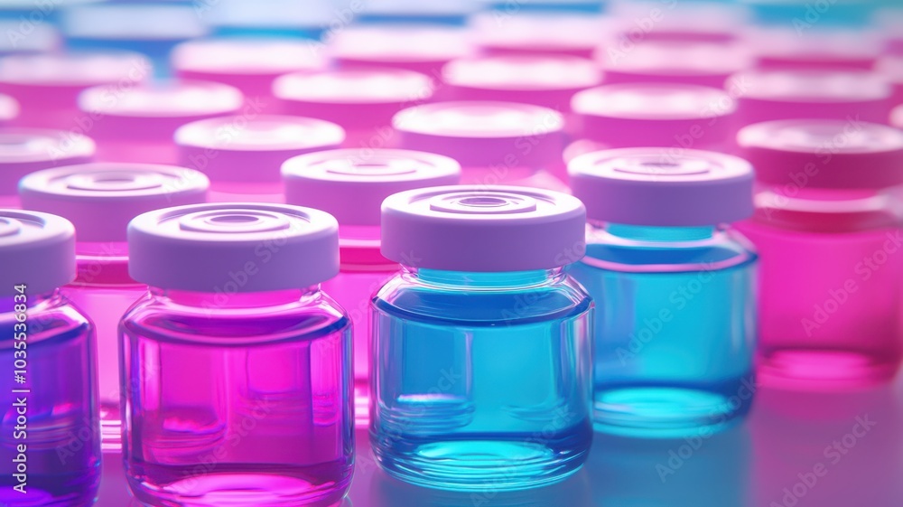 Colorful glass vials filled with liquid in shades of pink and blue on a softly blurred background. Colorful glass vials filled with liquid in shades of pink and blue on a softly blurred background.