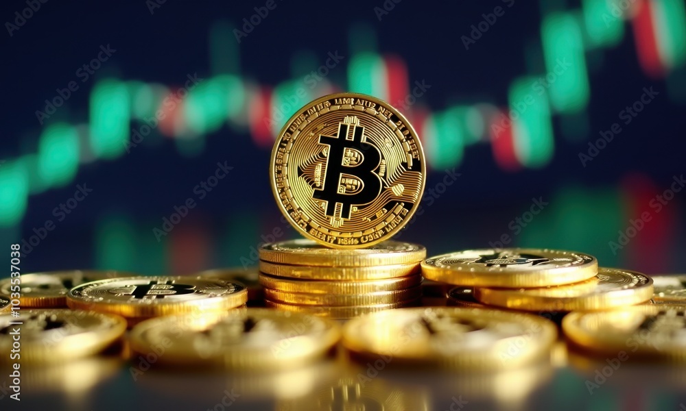 Digital Bitcoin coin against candlestick charts. Digital Bitcoin coin against candlestick charts.