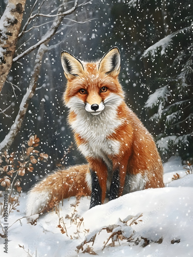 Fototapeta premium Majestic Red Fox Basking in the Snowy Forest Winterscape