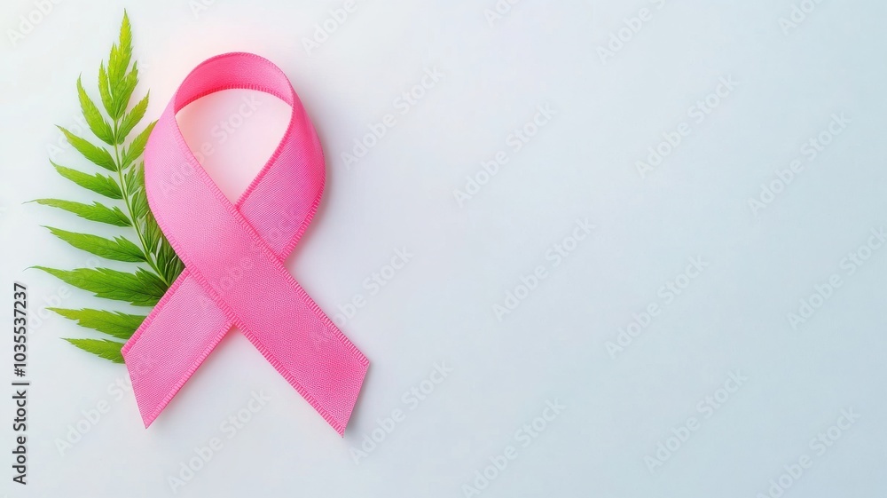 A pink ribbon symbolizing breast cancer awareness, accompanied by a green leaf on a soft background, representing hope and support. A pink ribbon symbolizing breast cancer awareness, accompanied by a green leaf on a soft background, representing hope and support.