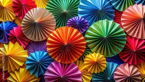 A vibrant and colorful collection of folded paper decorations, each a unique shade, arranged in a visually appealing pattern, creating a delightful display of color and texture.