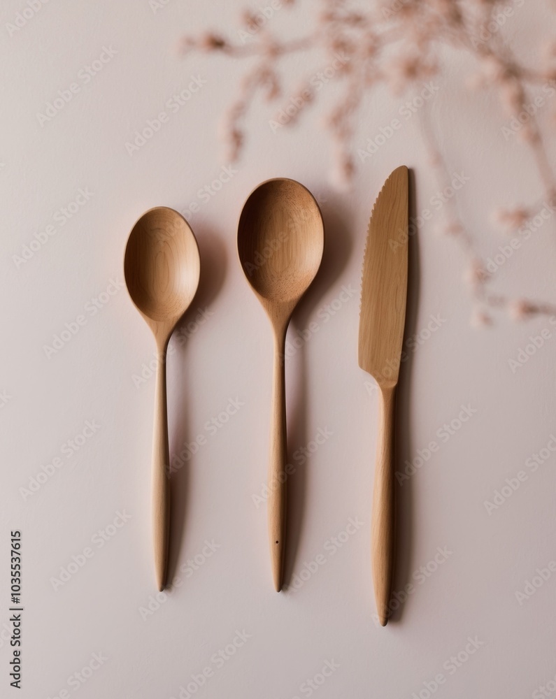Wooden Serving Utensils on Pink Background. Wooden Serving Utensils on Pink Background.