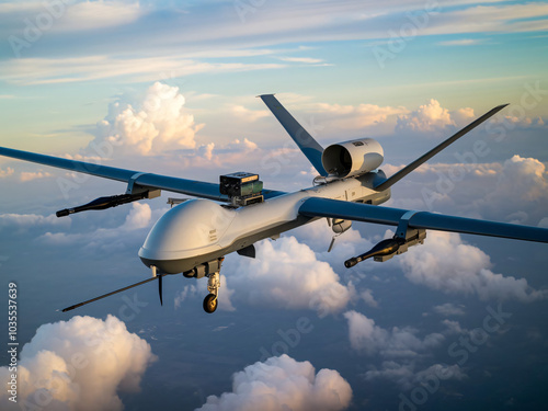 Military Drone Soaring Above the Clouds