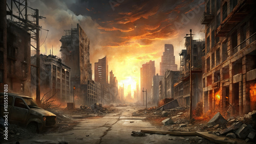 A deserted urban landscape features destroyed structures and debris scattered across the road. The dramatic sunset casts an orange glow, adding to the desolate mood of the scene