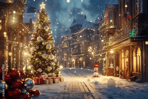 Christmas tree adorned with lights and ornaments shining brightly in a charming snowy street.