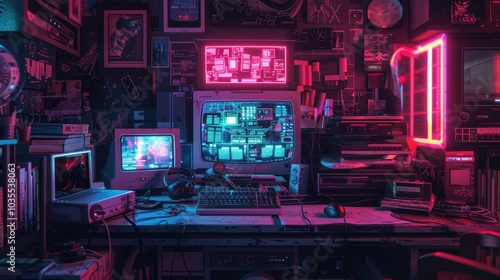 Retro gaming setup with neon lights, vintage computers and posters. Cyberpunk aesthetic.