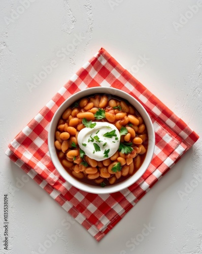 A red and white checkered napkin holds a bowl of baked beans topped with sour cream and parsley. photo