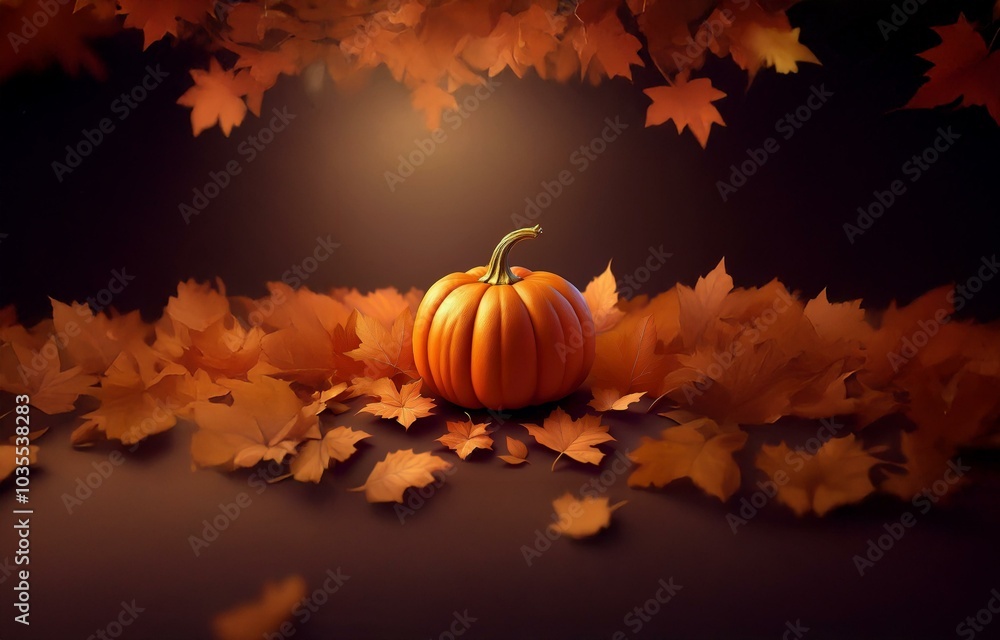 A single pumpkin rests on a bed of autumn leaves, a soft light illuminating the scene. A single pumpkin rests on a bed of autumn leaves, a soft light illuminating the scene.