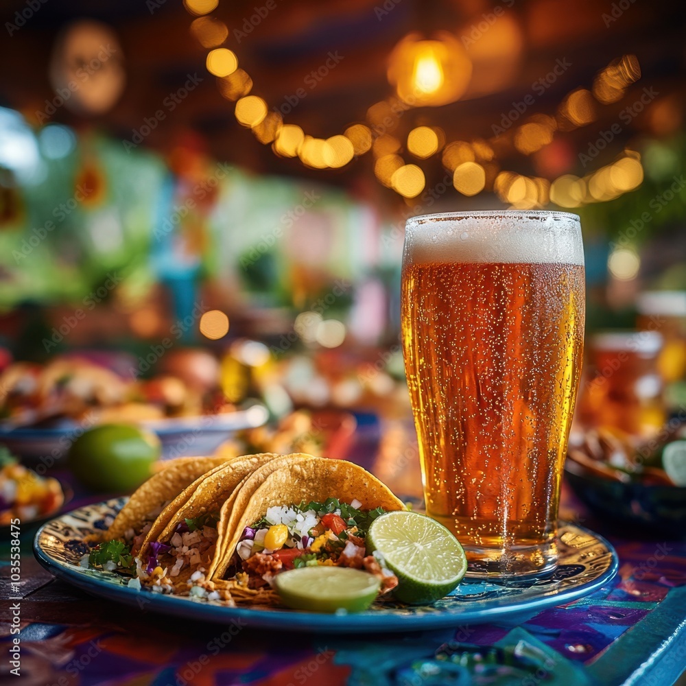 Mexican amber ale with tacos and lime on colorful table with festive decorations