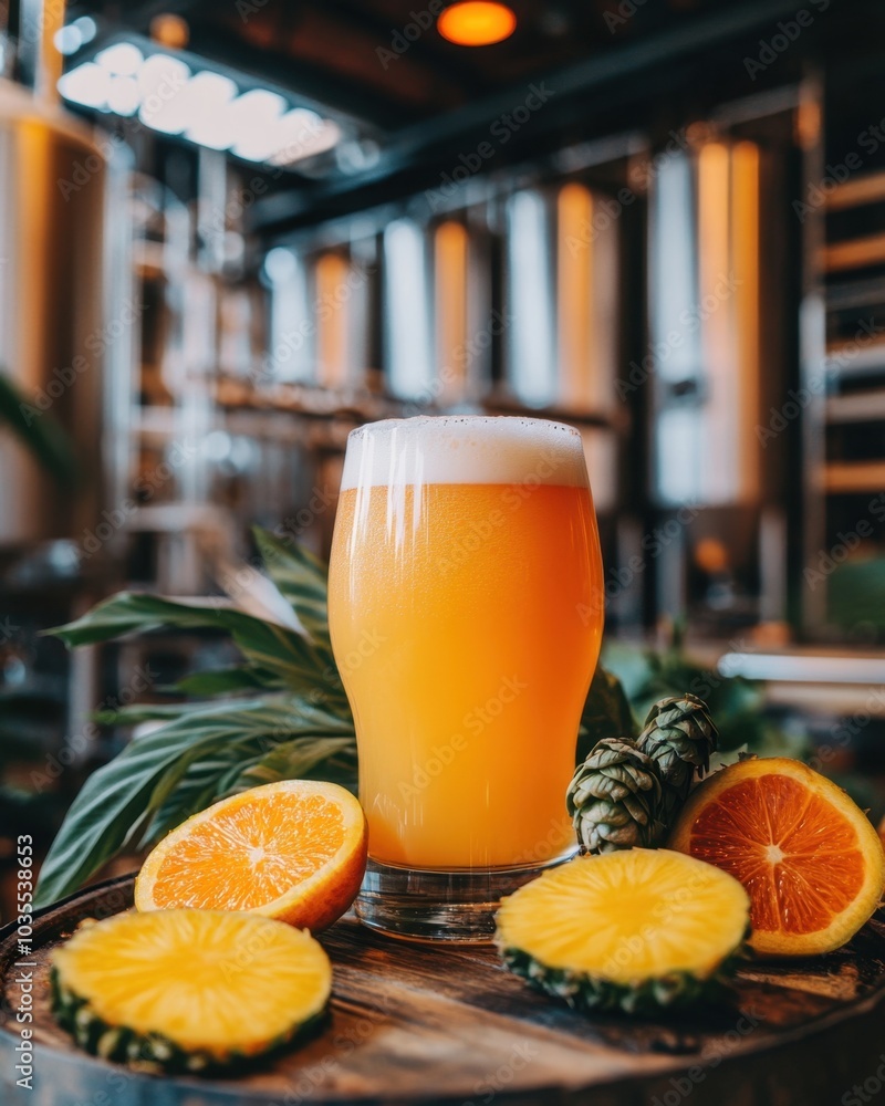 Hazy New England IPA on barrel with fruit slices and hop cones in trendy brewery