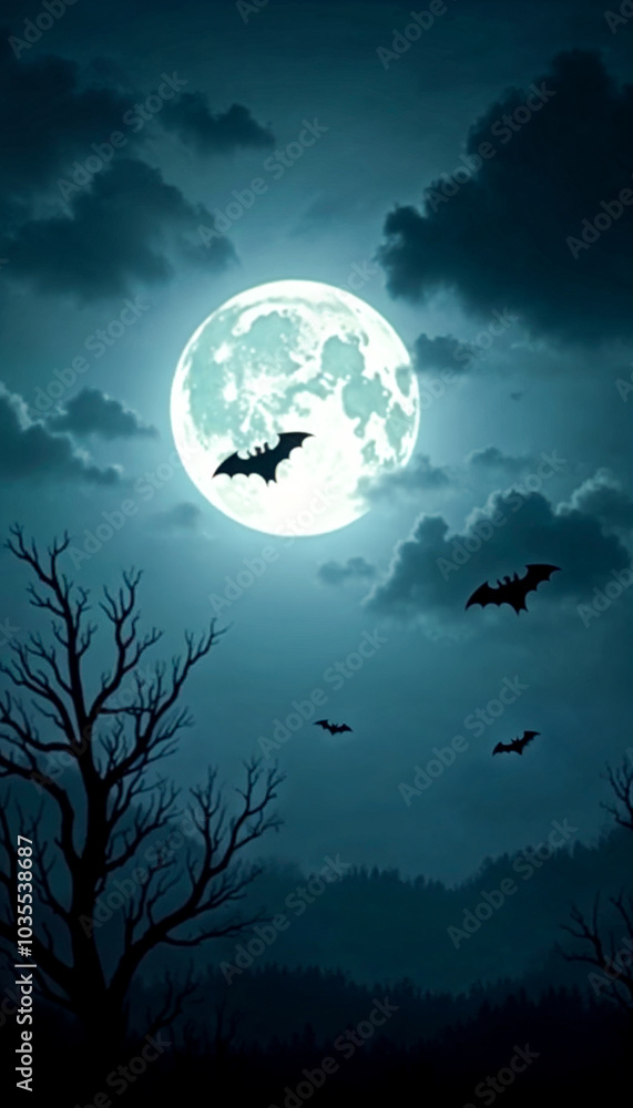 Halloween Night: Spooky Moon in a Cloudy Sky with Bats Halloween Night: Spooky Moon in a Cloudy Sky with Bats