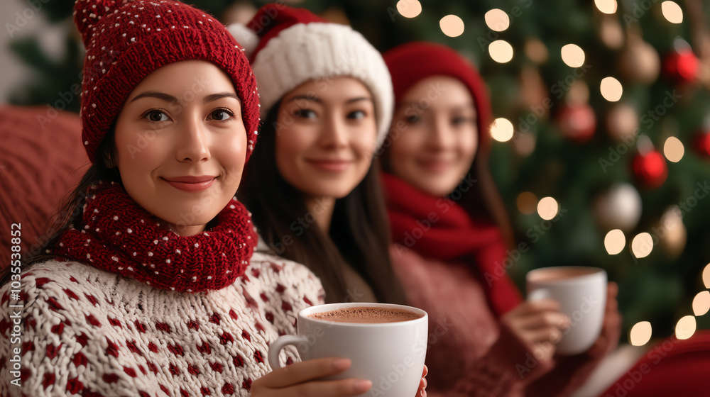 Three women in festive sweaters and hats, enjoying hot drinks by a beautifully decorated Christmas tree, radiating warmth and holiday cheer. Three women in festive sweaters and hats, enjoying hot drinks by a beautifully decorated Christmas tree, radiating warmth and holiday cheer.