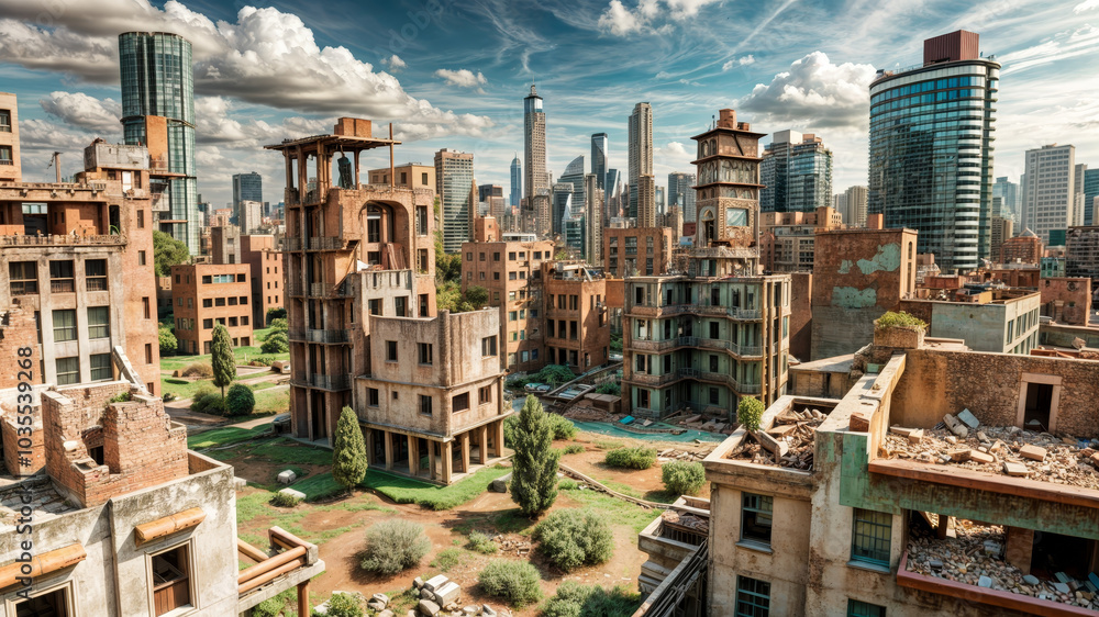 Fototapeta premium An abandoned urban area showcases decaying buildings covered in greenery, while a vibrant city skyline looms in the background, offering a striking contrast under a vibrant sky