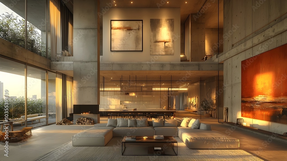 A serene modern living room with a minimalist design featuring large windows, concrete walls, and abstract art, bathed in warm evening light. A serene modern living room with a minimalist design featuring large windows, concrete walls, and abstract art, bathed in warm evening light.