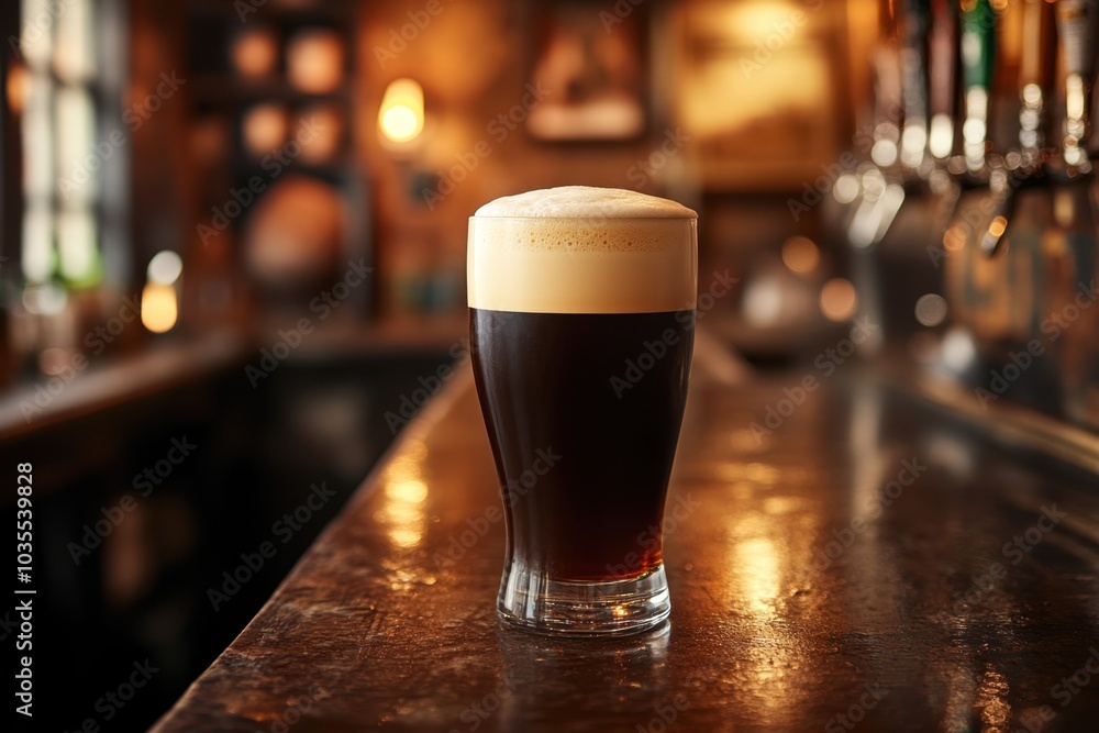 Irish stout with creamy foam on bar counter in a traditional pub with dim lighting. Irish stout with creamy foam on bar counter in a traditional pub with dim lighting.