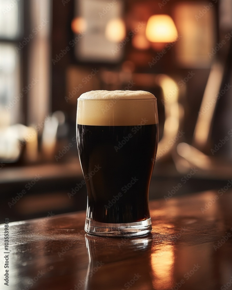 Irish stout with creamy foam on bar counter in a traditional pub with dim lighting.