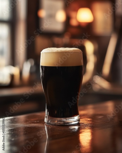 Obraz na płótnie Irish stout with creamy foam on bar counter in a traditional pub with dim lighting. w salonie