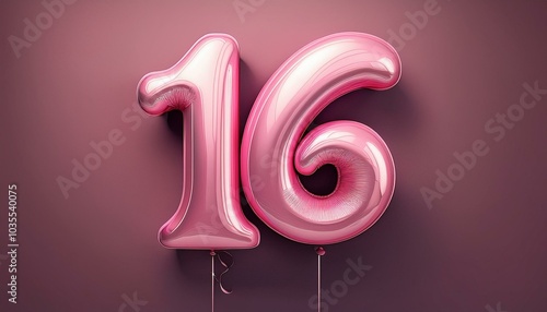 16 number made of pink balloon, copy space	 photo