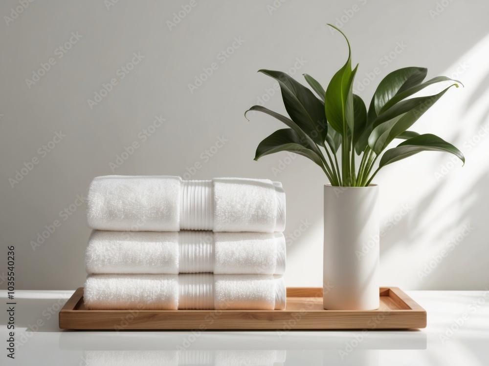 A neat stack of white towels sits atop a wooden tray alongside a vibrant plant in a vase. A neat stack of white towels sits atop a wooden tray alongside a vibrant plant in a vase.