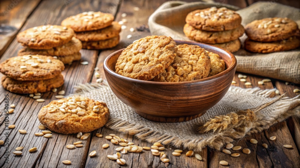 A bowl of freshly baked oatmeal cookies, sprinkled with white chocolate chips, resting on a rustic wooden table A bowl of freshly baked oatmeal cookies, sprinkled with white chocolate chips, resting on a rustic wooden table