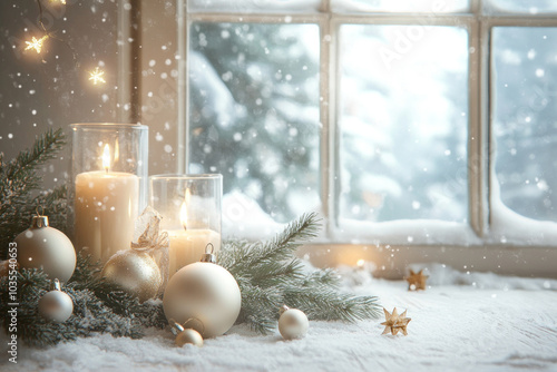 Christmas candles and decorations on a window sill, casting a warm and festive glow against a snowy background. photo