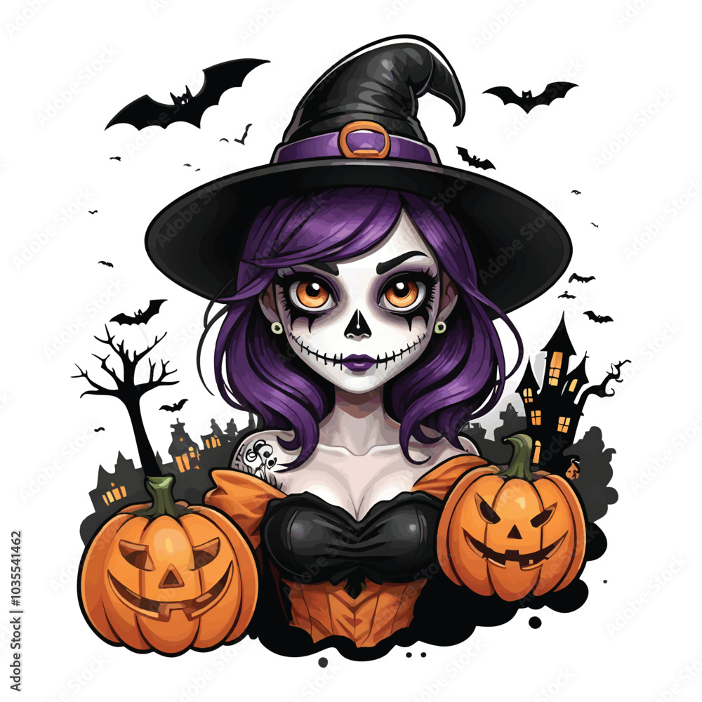 Halloween witch with pumpkins vector design Halloween witch with pumpkins vector design