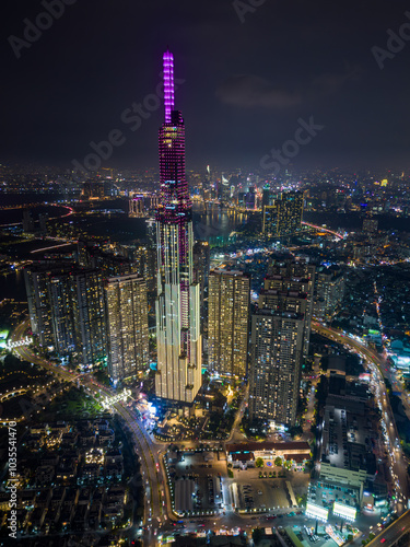 Aerial view of Ho Chi Minh City skyline at night, Vietnam photo