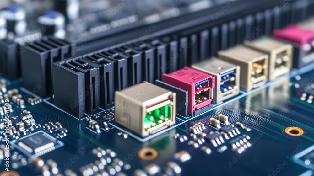 Close-up view of a computer motherboard with various USB ports and connectors, showcasing modern electronic technology and design. Close-up view of a computer motherboard with various USB ports and connectors, showcasing modern electronic technology and design.