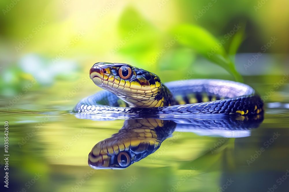 Snake emerging from crystal-clear water, the reflection of its body in the calm lake, tranquil setting. Snake emerging from crystal-clear water, the reflection of its body in the calm lake, tranquil setting.