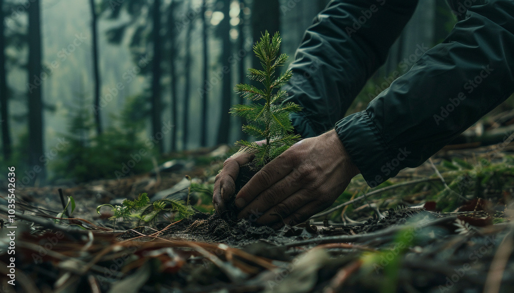 Hands planting a young coniferous tree in a forest, symbolizing growth and reforestation. Ecology illustration. Hands planting a young coniferous tree in a forest, symbolizing growth and reforestation. Ecology illustration.