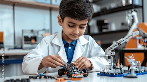 An Indian boy in a lab coat is focused on assembling a robotic toy car using small robotic arms in a contemporary school laboratory photo