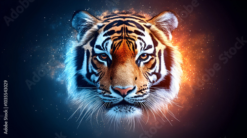 Majestic tiger face with cosmic background in blue and orange hues