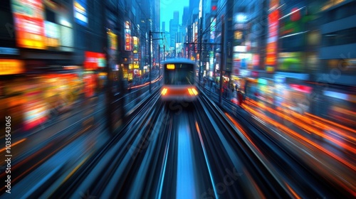 A train rushes through a colorful cityscape, creating a blur of yellow and blue, capturing the essence of urban movement and energy in a minimalistic style.