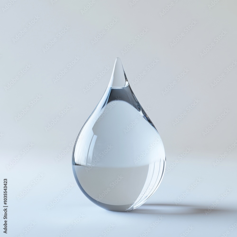 Fototapeta premium Minimalist clear glass droplet sculpture on plain light background